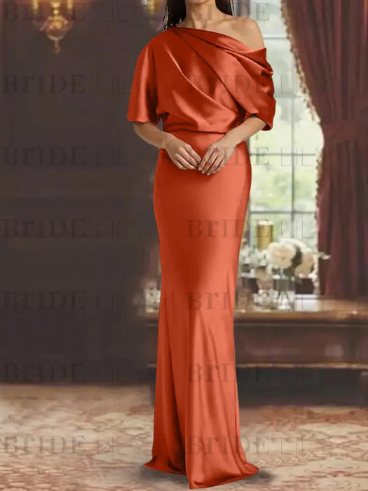 Rust draped satin mother of the bride column gown with blouson top