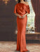 Rust draped satin mother of the bride column gown with blouson top