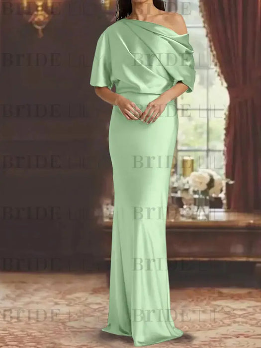Sage draped satin mother of the bride column gown with blouson top