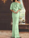 Sage draped satin mother of the bride column gown with blouson top