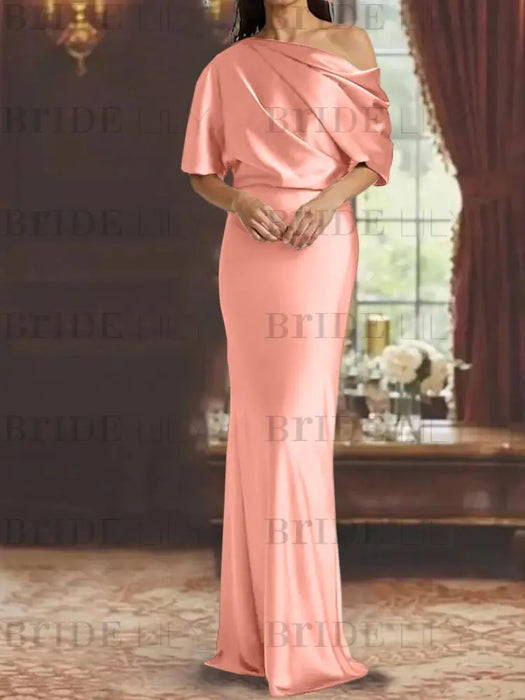 Salmon draped satin mother of the bride column gown with blouson top