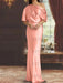 Salmon draped satin mother of the bride column gown with blouson top