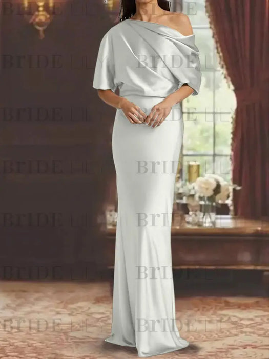 Silver draped satin mother of the bride column gown with blouson top