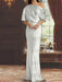 Silver draped satin mother of the bride column gown with blouson top