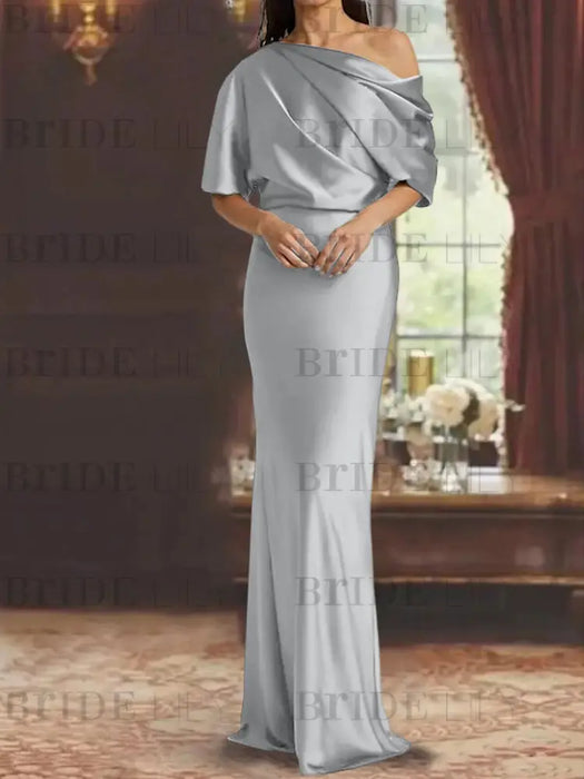 Silver Gray draped satin mother of the bride column gown with blouson top