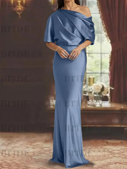Steel Blue draped satin mother of the bride column gown with blouson top