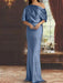 Steel Blue draped satin mother of the bride column gown with blouson top