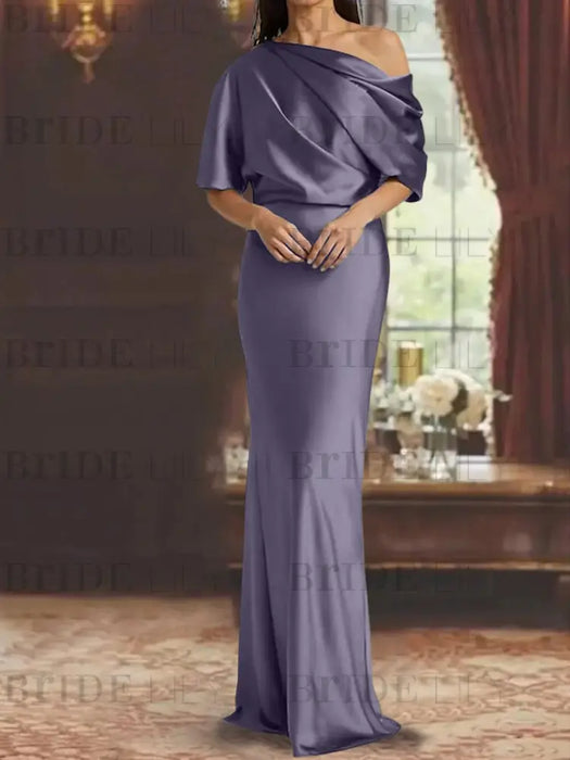 Stormy Blue draped satin mother of the bride column gown with blouson top