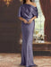 Stormy Blue draped satin mother of the bride column gown with blouson top