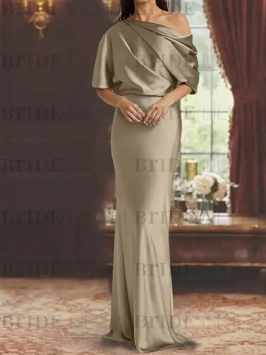 Taupe draped satin mother of the bride column gown with blouson top