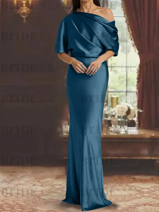 Teal draped satin mother of the bride column gown with blouson top
