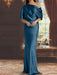 Teal draped satin mother of the bride column gown with blouson top