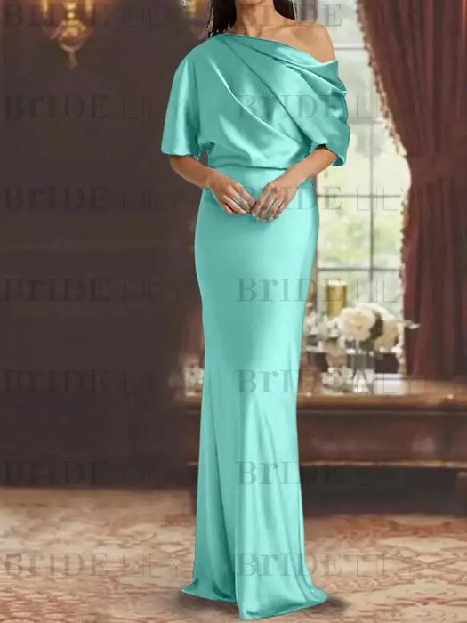 Turquoise draped satin mother of the bride column gown with blouson top