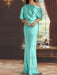Turquoise draped satin mother of the bride column gown with blouson top