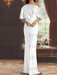 White draped satin mother of the bride column gown with blouson top
