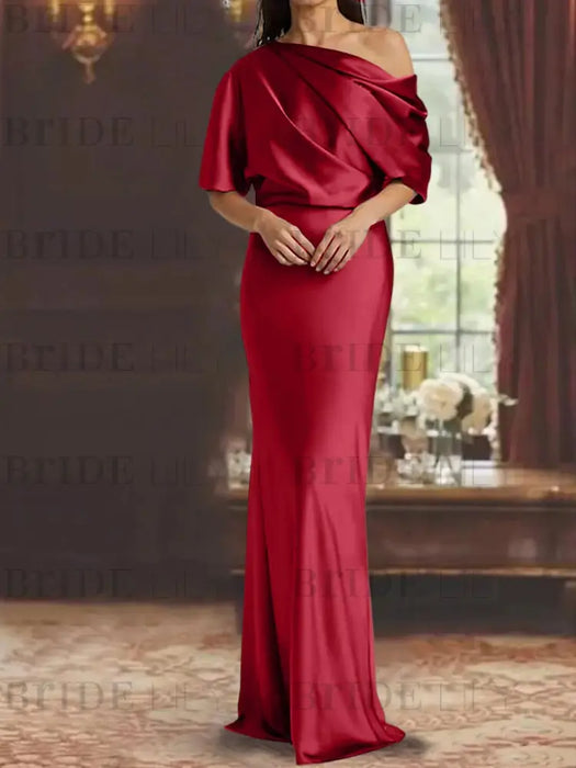 Wine Red draped satin mother of the bride column gown with blouson top