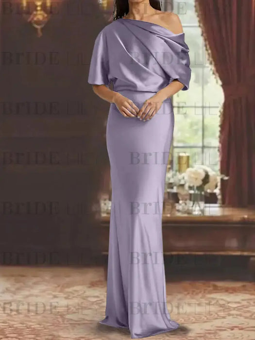 Wisteria draped satin mother of the bride column gown with blouson top