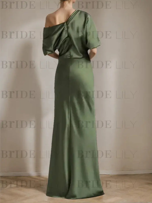 Side back view of the olive green draped satin column gown