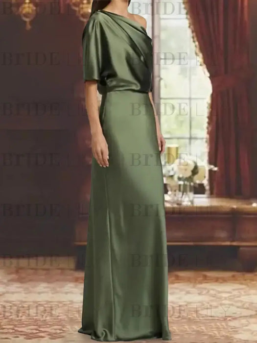 Side view of the olive green draped satin column gown