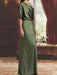 Side view of the olive green draped satin column gown