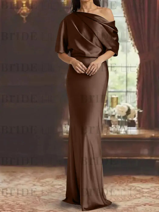 Draped satin column gown with a blouson top in rust brown