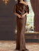 Draped satin column gown with a blouson top in rust brown