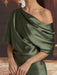 Close-up of the draped blouson shoulder in olive green