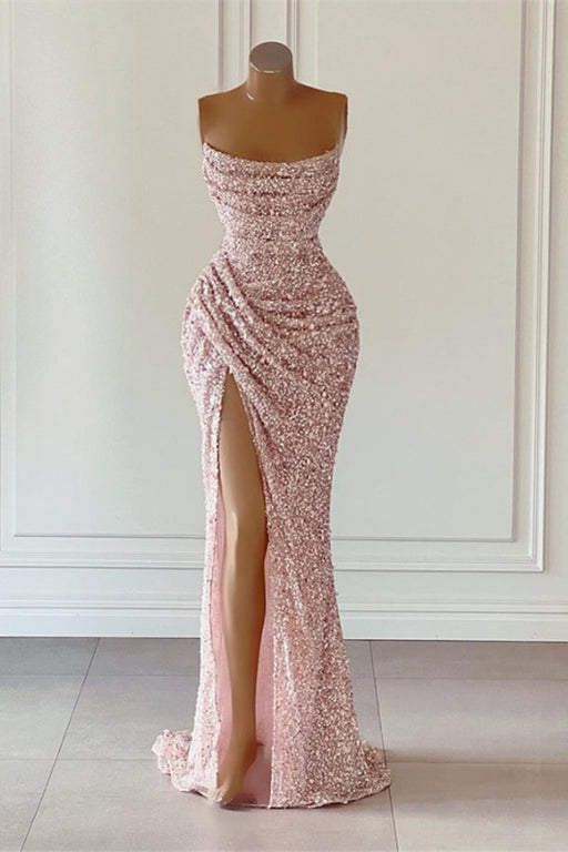 Dreamy Dusty Pink Sequined Mermaid Prom Gown - Sleeveless with Square Neckline and Dramatic Slit