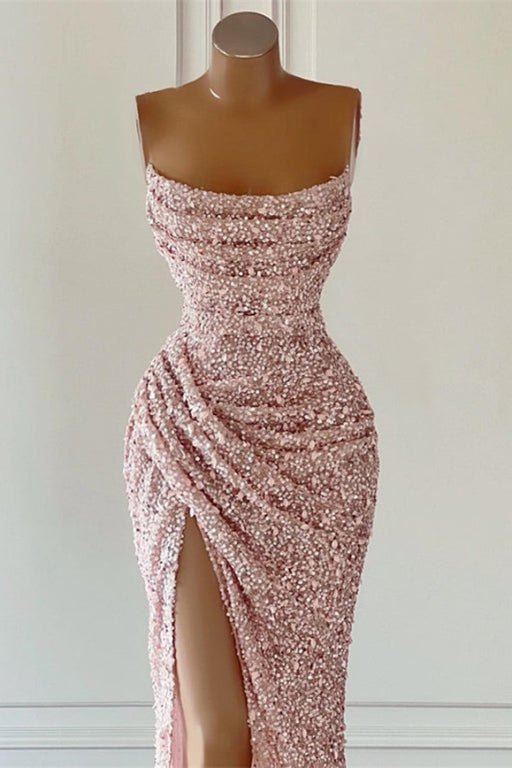Dreamy Dusty Pink Sequined Mermaid Prom Gown - Sleeveless with Square Neckline and Dramatic Slit