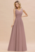 Dusk Modest Floral Lace A-line Bridesmaid Dress V-Neck Floor Length Chiffon Wedding Guest Dress 