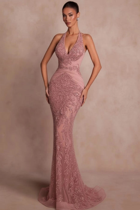 Halter Dark Green Mermaid Prom Dress Glitter Sequins Evening Gown