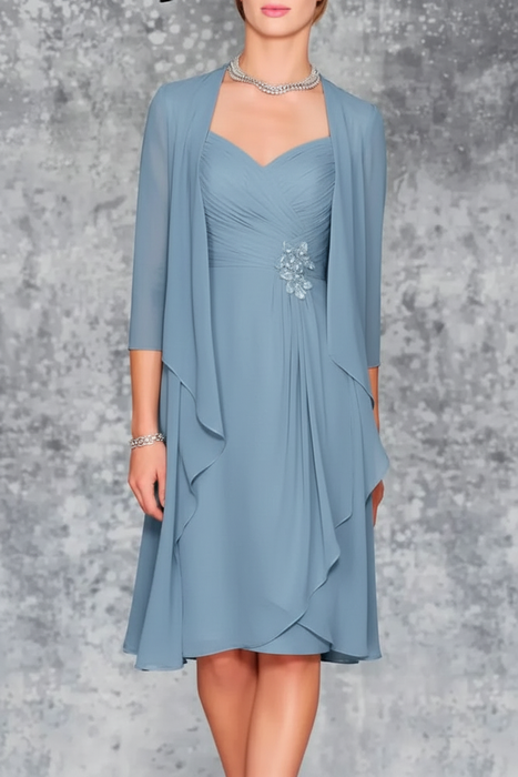Dusty Blue 3/4 Sleeves Knee Length Ruffle Chiffon Mother of the Bride Outfits with Lace - Prom Dresses