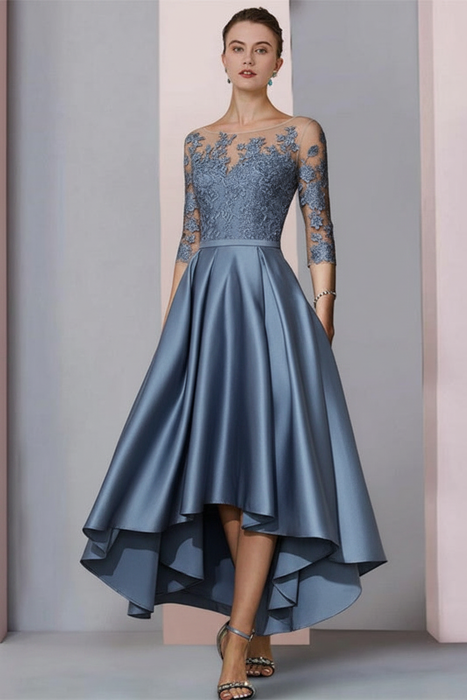 Dusty Blue Mermaid Satin Hi-Lo Mother of-Bride Dress with Appliques - Prom Dresses