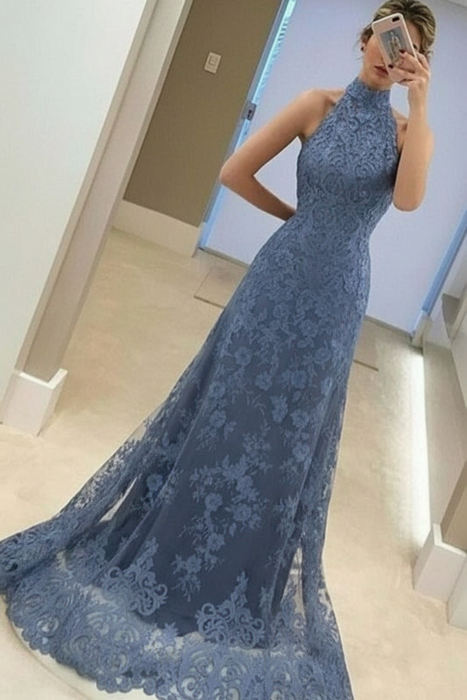 Dusty Blue A-Line High Neck Sleeveless Floor-Length Lavender Lace Prom Dress - Prom Dresses