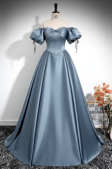 Dusty Blue A-Line Pleated Off-The-Shoulder Prom Dress
