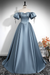 Dusty Blue A-Line Pleated Off-The-Shoulder Prom Dress