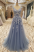 Dusty Blue A-Line/Princess Sleeveless Scoop Floor-Length Applique Tulle Dresses - Prom Dresses