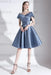Dusty Blue A-Line V-Neck Knee-Length Short Sleeves Pleated Satin Cocktail Dress 