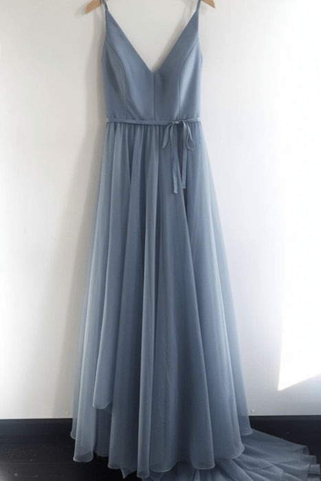 Dusty Blue A Line V Neck Spaghetti Straps Tulle Prom Dresses
