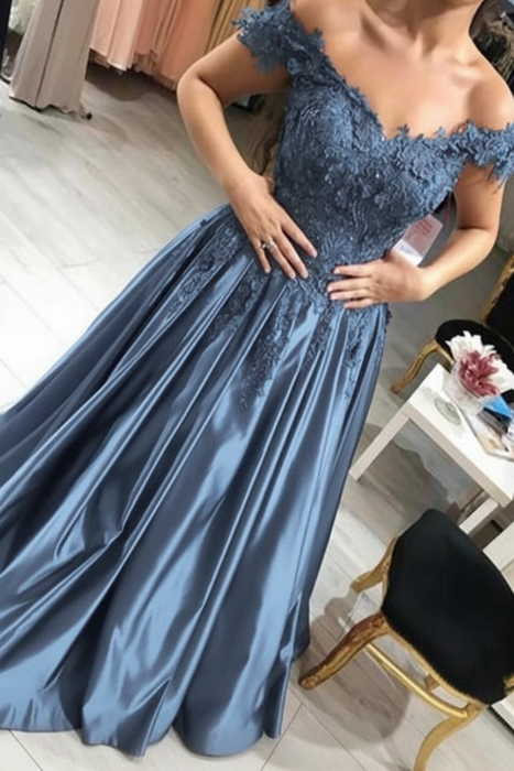 Dusty Blue Off-the-Shoulder Lace Applique Satin Aline Evening Dresses
