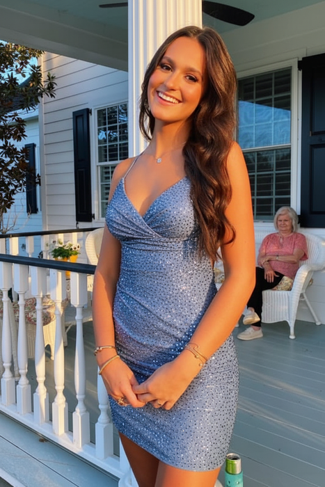 Dusty Blue Sparkly Beaded Spaghetti Straps Tight Short Homecoming Dress