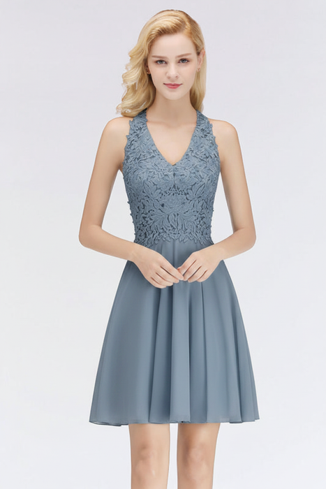 Dusty Blue V-Neck Short Lace Bridesmaid Dresses