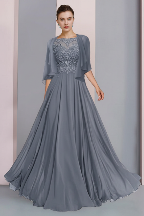 Dusty Blue Floor-Length A-Line Mother of the Bride Dress with Princess Scoop Neckline