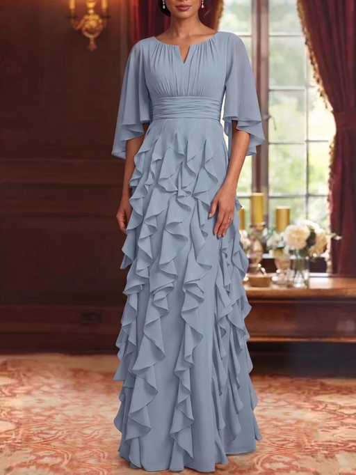 Dusty Blue Chiffon Mother of the Bride Dress Flutter Sleeves with Cascading Ruffles