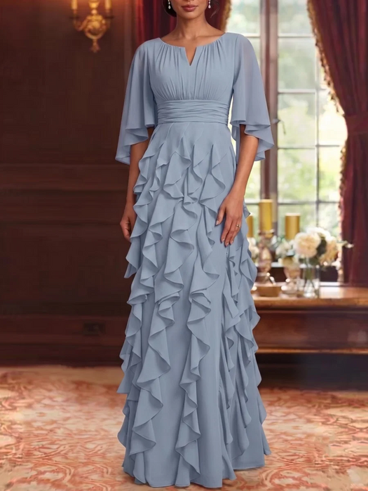 Dusty Blue Chiffon Mother of the Bride Dress Flutter Sleeves with Cascading Ruffles