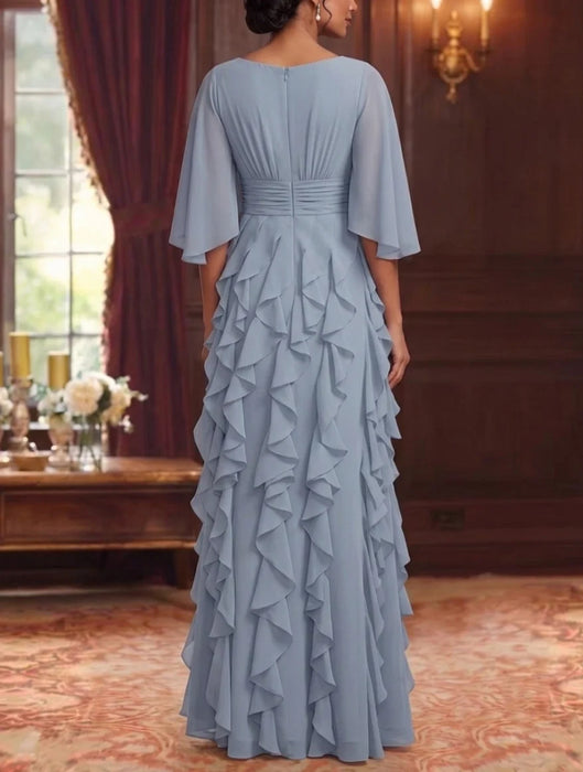Dusty Blue Chiffon Mother of the Bride Dress Flutter Sleeves with Cascading Ruffles