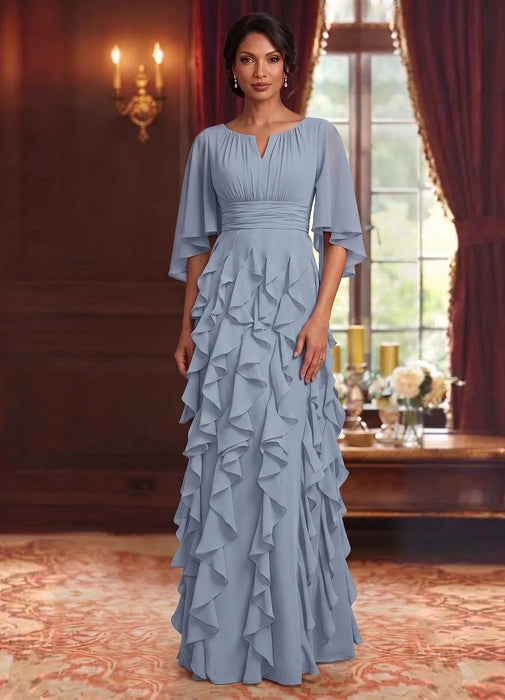 Dusty Blue Chiffon Mother of the Bride Dress Flutter Sleeves with Cascading Ruffles