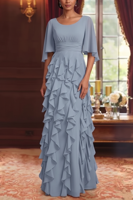 Dusty Blue Chiffon Mother of the Bride Dress Flutter Sleeves with Cascading Ruffles
