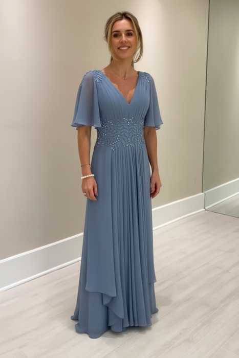 Dusty Blue Elegant Half Sleeves V-neck Aline Wedding Guest Dress Chiffon Mother of the Bride Dress - Prom Dresses