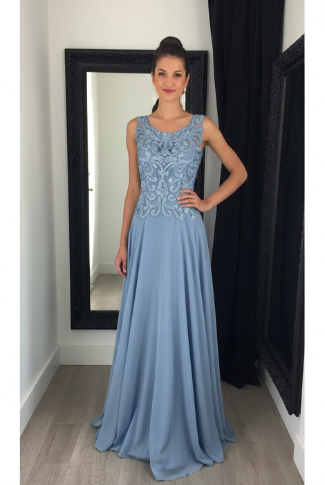 Dusty Blue Chiffon A-Line Prom Dress Scoop Neck with Lace Appliques